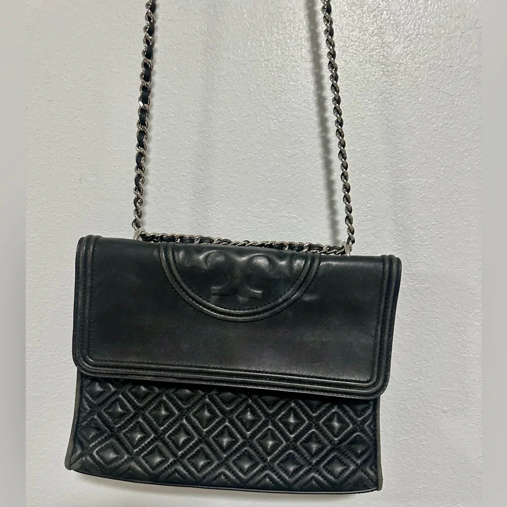 Tory Burch Fleming Leather Convertible Shoulder Bag - Black/silver